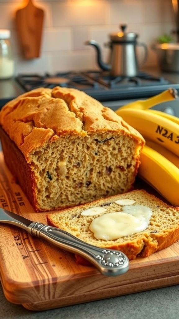 A loaf of banana bread sliced on a cutting board, with bananas beside it.